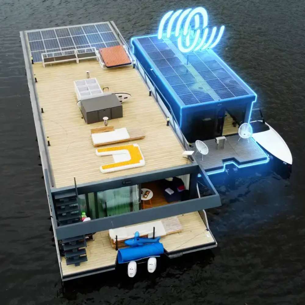 The solar-powered houseboat shown above is supported by the Victron Energy 25.6V 100Ah Smart LiFePO4 Lithium Battery-BAT524110610.
