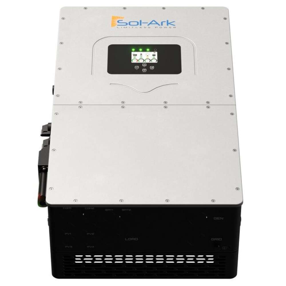 The image shows the Sol-Ark 30kW Hybrid Inverter System - SA-30K-3P, a sleek silver and black unit with a digital display on top