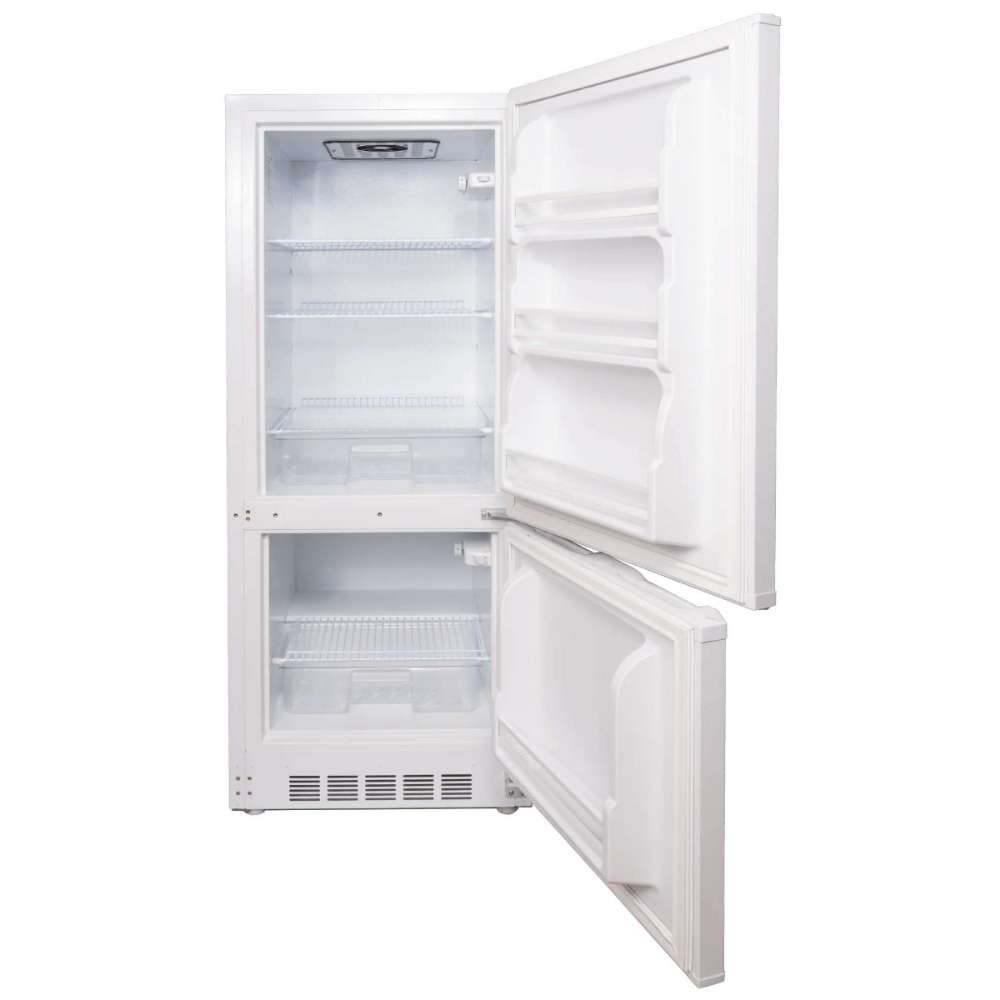 Three-quarter front angle of SunStar ST-10RF-W 10 cu.ft. DC/AC Refrigerator - White, showing both doors slightly offset to highlight its tall, slim profile
