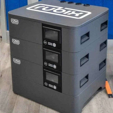 Three stacked battery units with screens and handles form a compact Rubix Stack Series 48 Volt 100AH Lithium Battery-RS-48100 setup