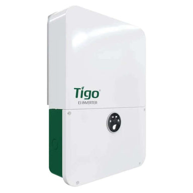 Tigo Energy 7.6kW Storage Hybrid InverterCharger - 601-2107K6-0003 is a sleek white wall-mounted inverter with green side accents and a round front control panel