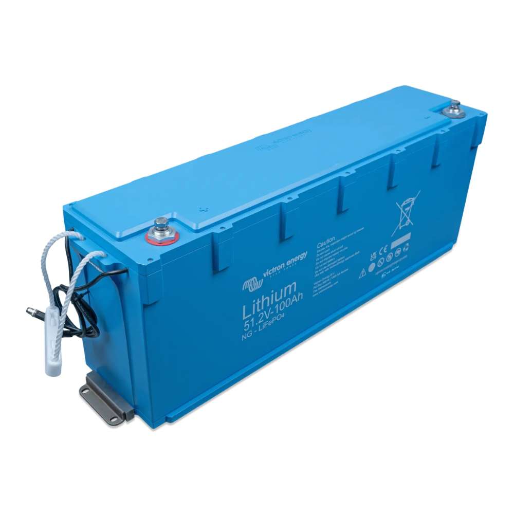 Top-angled view shows the battery terminals and white pull handles of the Victron Energy 51,2V 100Ah NG LiFePO4 Lithium Battery-BAT548110620