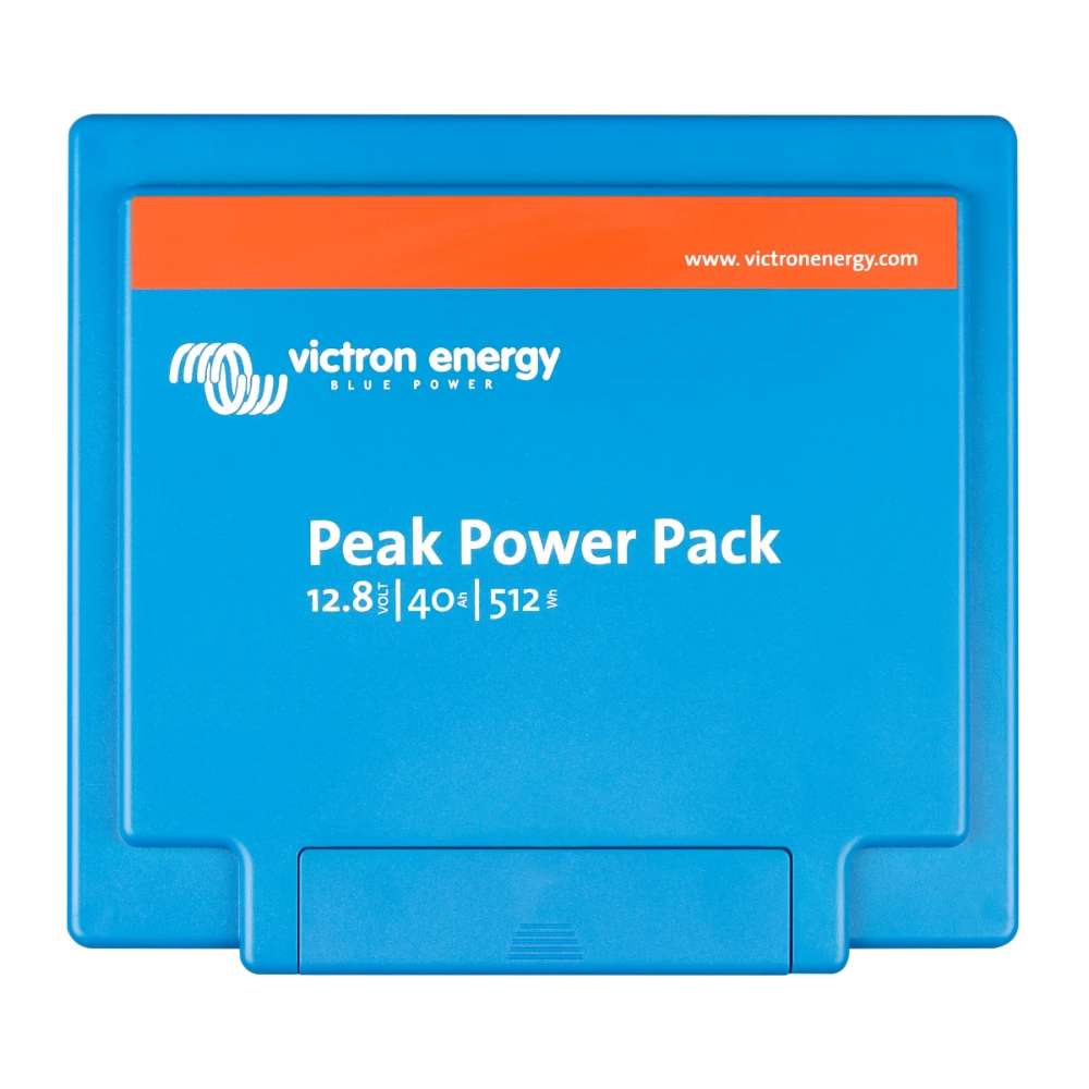 The top of the Victron Energy 12.8V 40Ah Peak Power Pack-PPP012040000 is shown from above, featuring its bright blue cover with product branding.