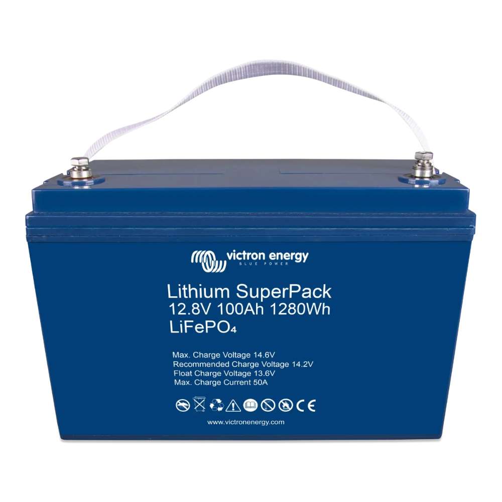 Top-view angle shows the same blue battery with terminals visible, the Victron Energy 12.8V 100Ah (M8) SuperPack Lithium Battery High Current w/ Internal BMS-BAT512110710