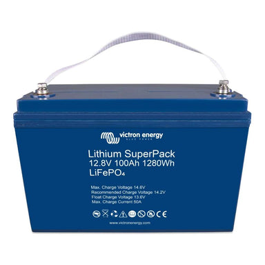 Top-view angle shows the same blue battery with terminals visible, the Victron Energy 12.8V 100Ah (M8) SuperPack Lithium Battery High Current w/ Internal BMS-BAT512110710