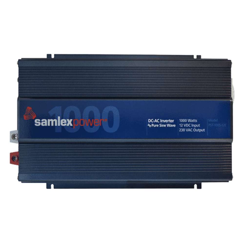 Top view of the Samlex America PST Series PST-100S-24E 1000 Watts 24VDC Pure Sine Inverter - Export Version showing the brand label and ribbed metal casing
