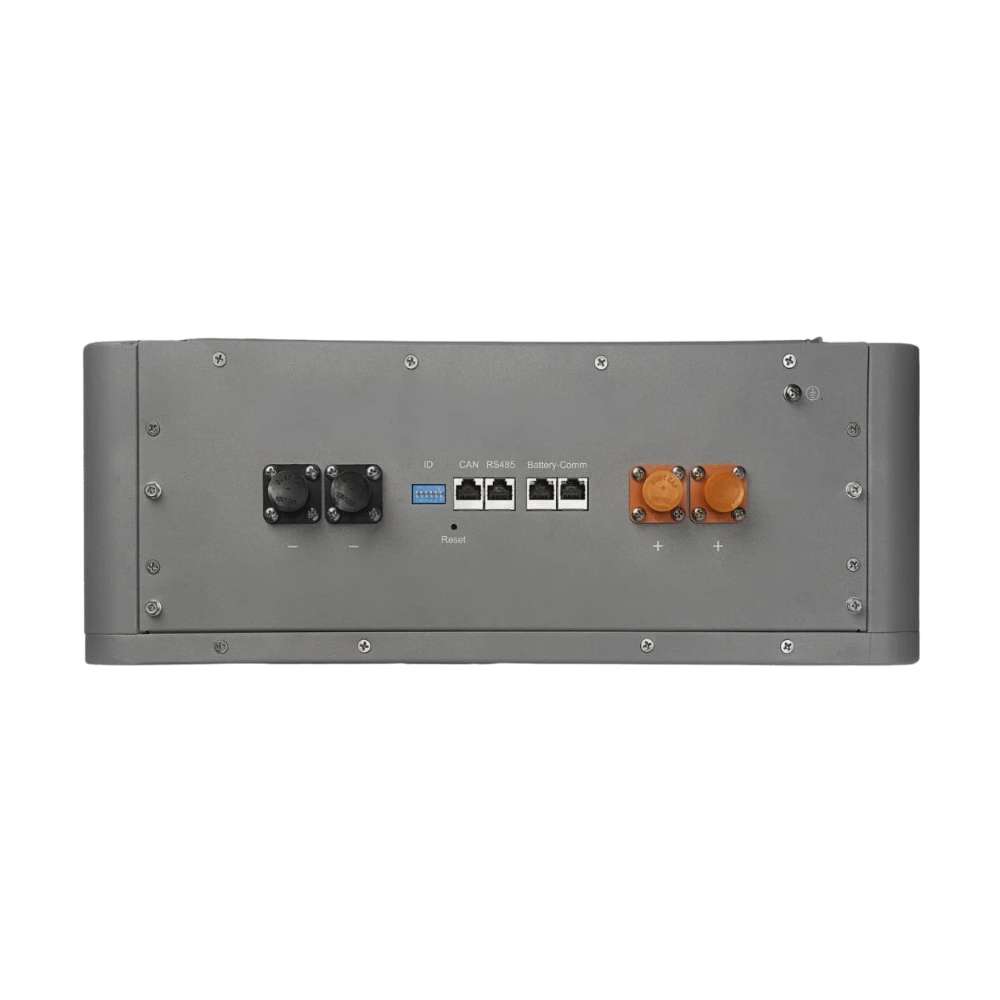 Top panel of EG4 WallMount Indoor All Weather Lithium Battery 48V 100AH - EG4LIFPOW4WM-48V100A, featuring connection ports and communication interfaces neatly arranged in a row