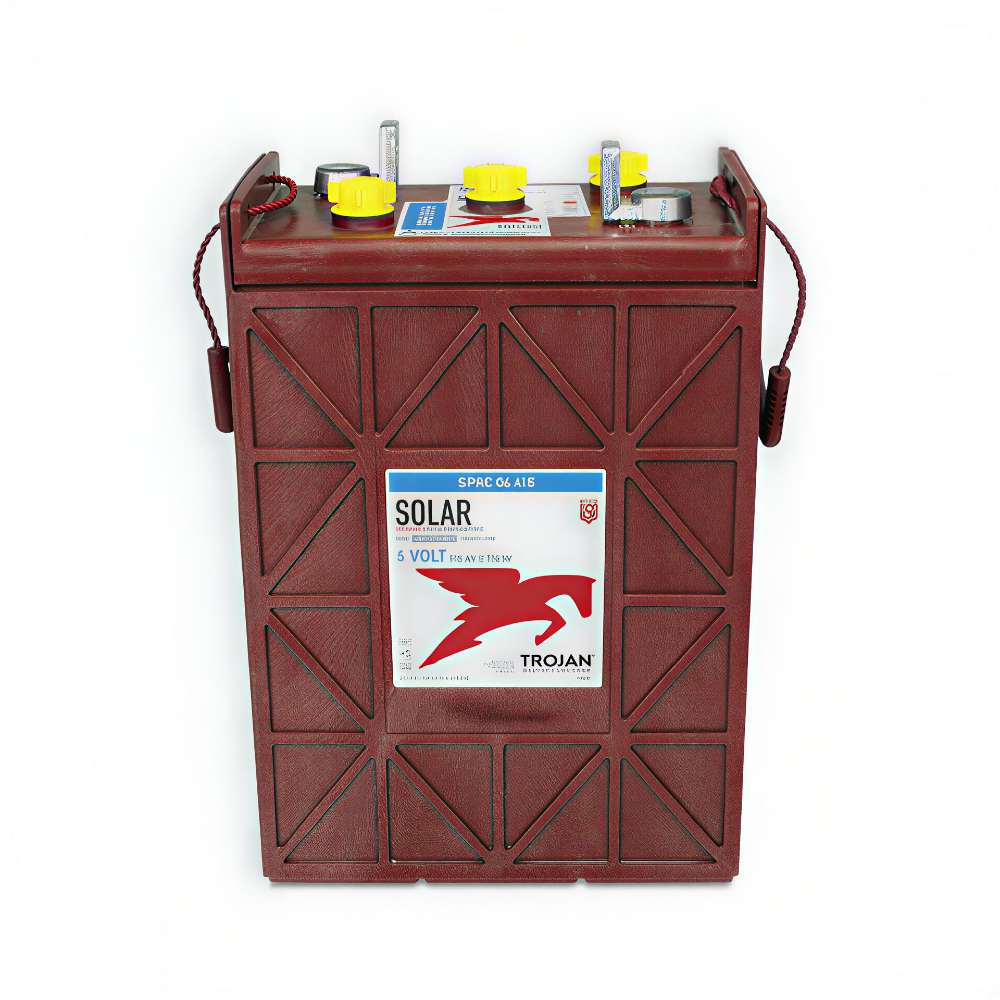 Trojan SPRE-06-415 6V 415Ah Lead Acid Flooded Battery appears upright with a red case, yellow caps, and metal terminals against a white background