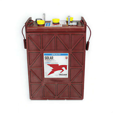 Trojan SPRE-06-415 6V 415Ah Lead Acid Flooded Battery appears upright with a red case, yellow caps, and metal terminals against a white background