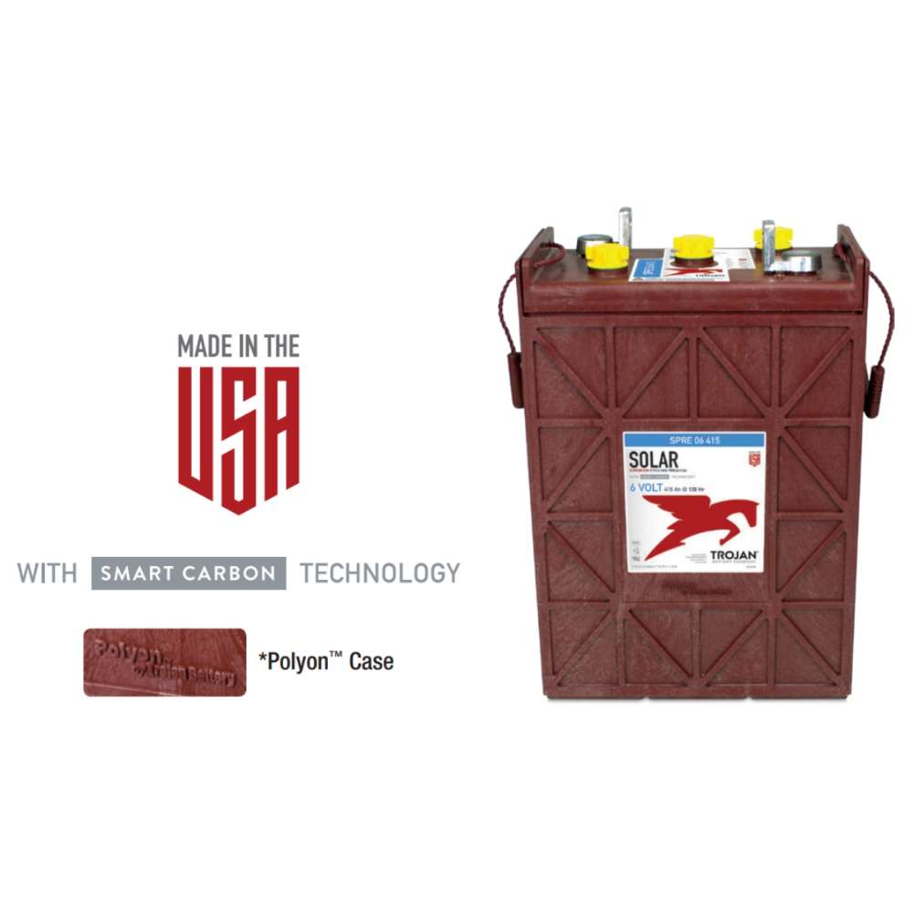 Trojan SPRE-06-415 6V 415Ah Lead Acid Flooded Battery is displayed as a solar-ready, USA-made battery in a clean product image