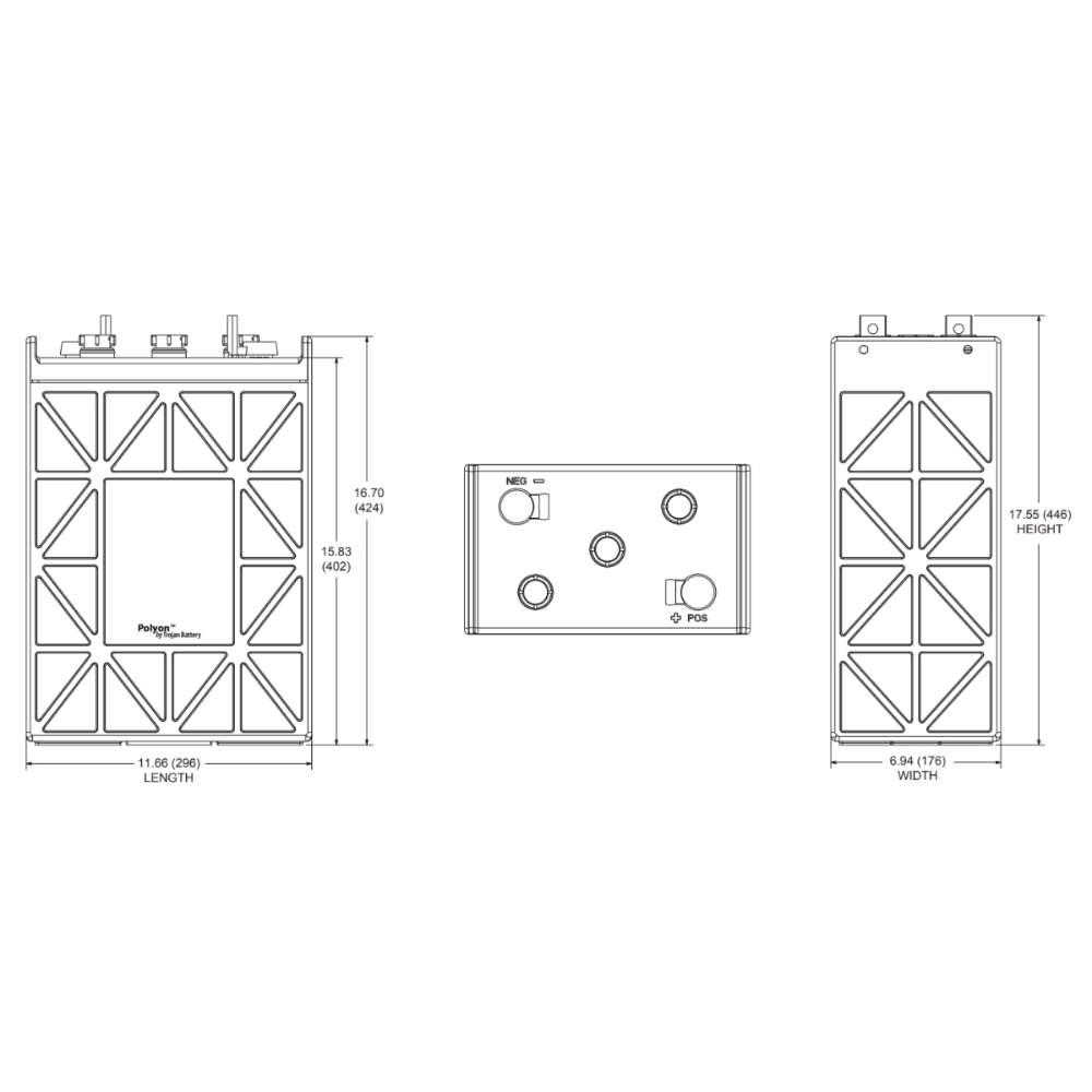 Trojan SPRE-06-415 6V 415Ah Lead Acid Flooded Battery is illustrated in a technical drawing showing its dimensions from multiple angles