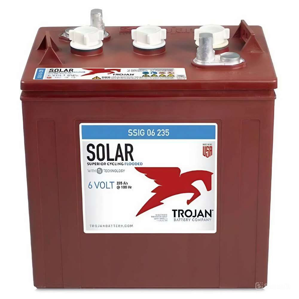 Trojan SSIG-06-235 6V 214Ah Flooded Lead Acid Battery displayed from the front with a dark red casing, three white caps, and a large label