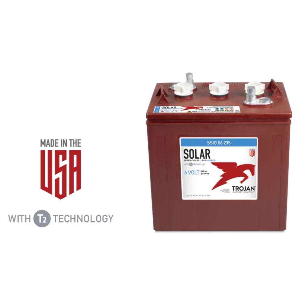 Trojan SSIG-06-235 6V 214Ah Flooded Lead Acid Battery shown against a white background with text indicating it is made in the USA