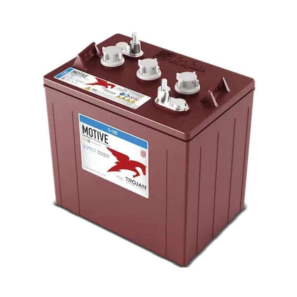 Trojan SSIG-06-235 6V 214Ah Flooded Lead Acid Battery shown as a dark red rectangular battery with white caps on top and metal terminals