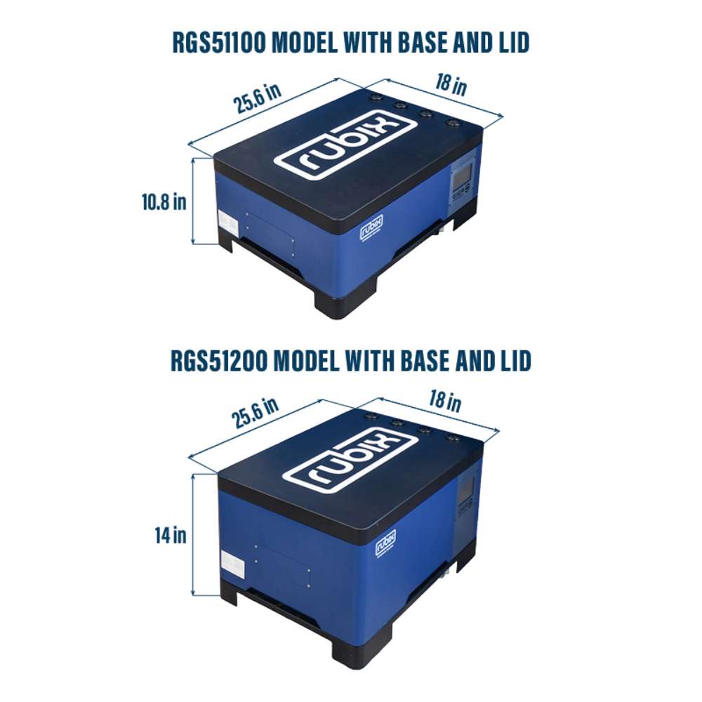 Two blue battery units with labeled dimensions are shown to compare the size options of the Rubix Giga Stack Series 48 Volt 100AH Lithium Battery-RGS-48100