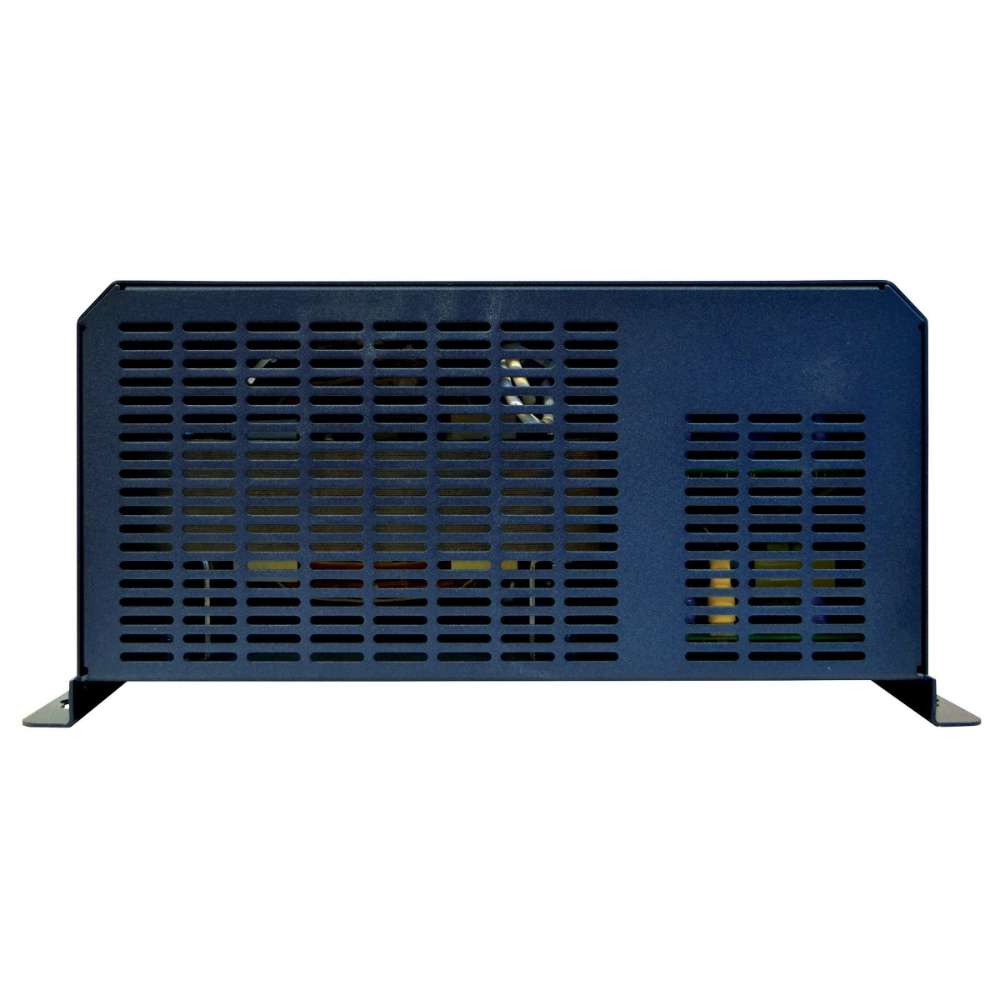 Vented back panel of the Samlex America Evolution Series EVO-1224F-HW 1200 Watts 24VDC Pure Sine Inverter/Charger - Hardwired Unit in a dark blue metal case