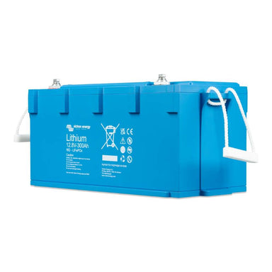 Victron Energy 12.8V 300Ah NG LiFePO4 Lithium Battery appears as a blue rectangular battery with top terminals, labels, and rope-style carrying handles