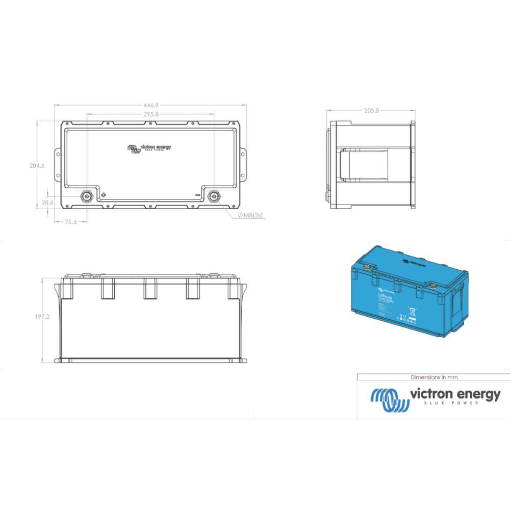Victron Energy 12.8V 300Ah NG LiFePO4 Lithium Battery is displayed in a technical drawing showing its dimensions from multiple angles