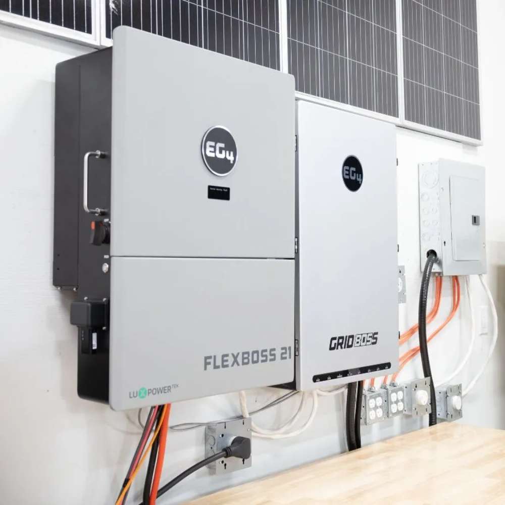 Wall-mounted FlexBoss and GridBoss units are connected to solar power equipment that uses the EG4 LL Lithium Battery 12V 400AH (Server Rack Battery w LCD)-EG4-LL-S12-400