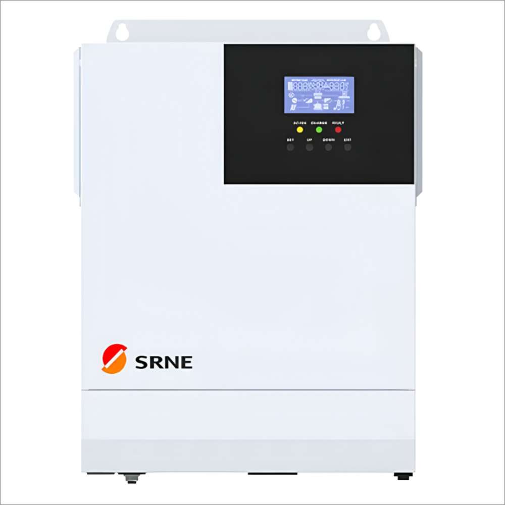 White SRNE 5kW 48V Split Phase Off-Grid Solar Inverter/Charger-HF4850U80-H with a digital screen is shown