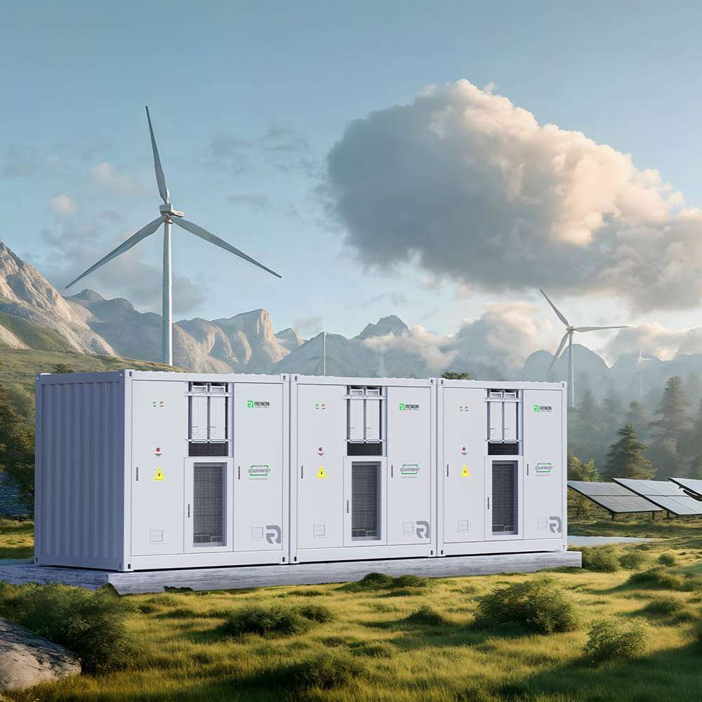 White containerized battery units in a grassy mountain area with wind turbines display the Renon Power Smart Matrix A 1672kWh Lithium Battery-MATRIXBATTERY1331K supporting clean power