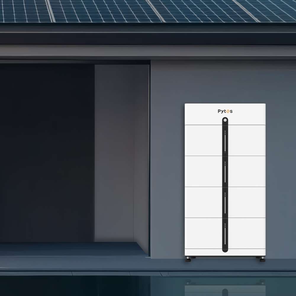 White outdoor battery cabinet mounted on a modern home wall is shown as the Pytes Forest RB 6 Slot Battery Cabinet for E-Box-48100R - 110409100166
