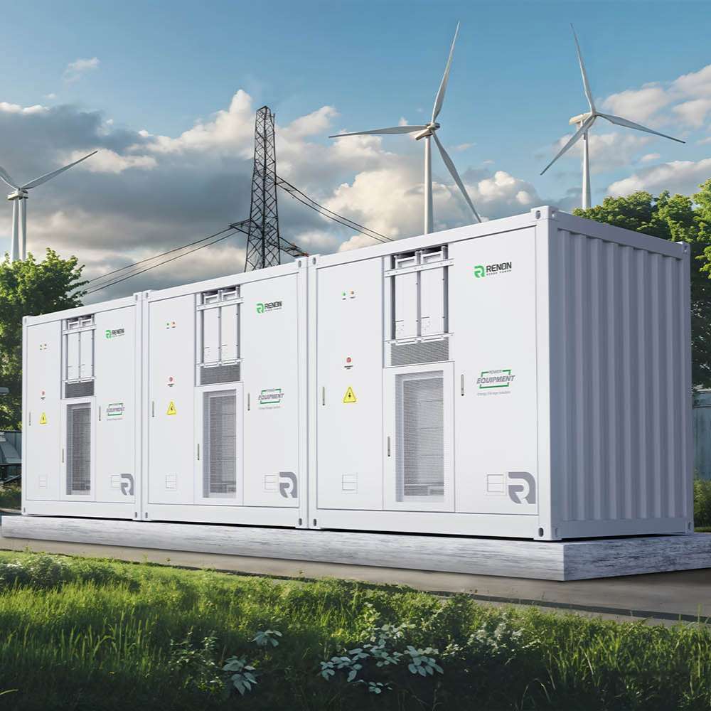 White outdoor battery containers next to trees and wind turbines show the Renon Power Smart Matrix A 1672kWh Lithium Battery-MATRIXBATTERY1331K used for renewable energy storage