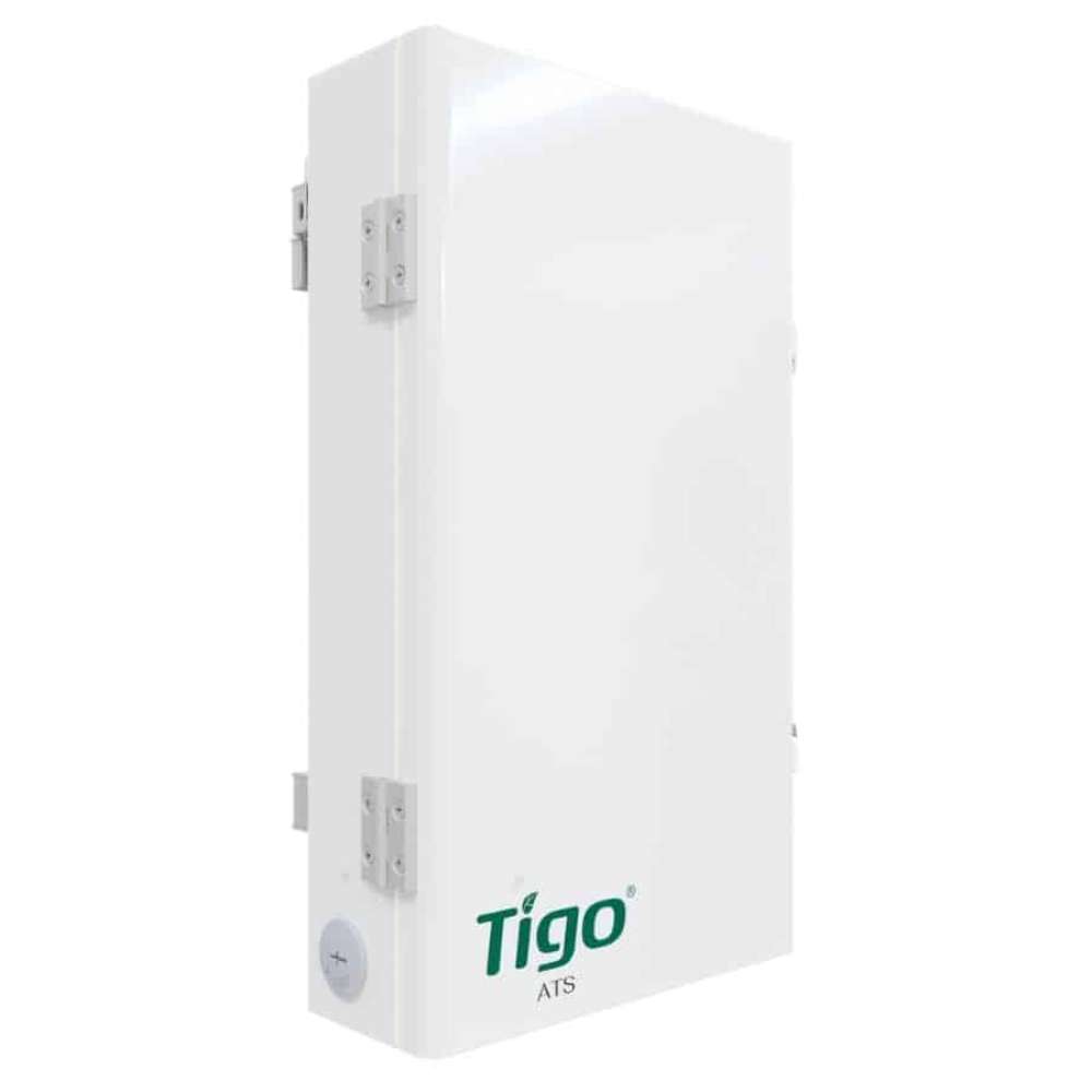 White rectangular electrical box labeled Tigo ATS, identified as the Tigo Energy 200A Automatic Transfer Switch 801-200200-0201