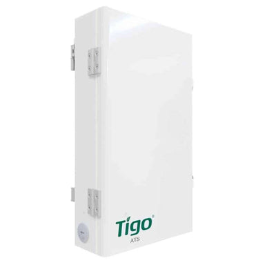 White rectangular electrical box labeled Tigo ATS, identified as the Tigo Energy 200A Automatic Transfer Switch 801-200200-0201