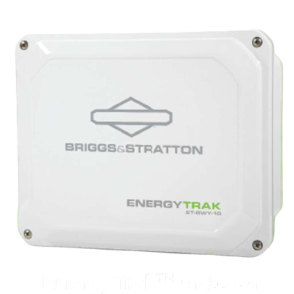 White wall-mounted unit displays the Simpliphi by Briggs & Stratton ET-GWY-10 EnergyTrak Battery Monitoring Device hardware