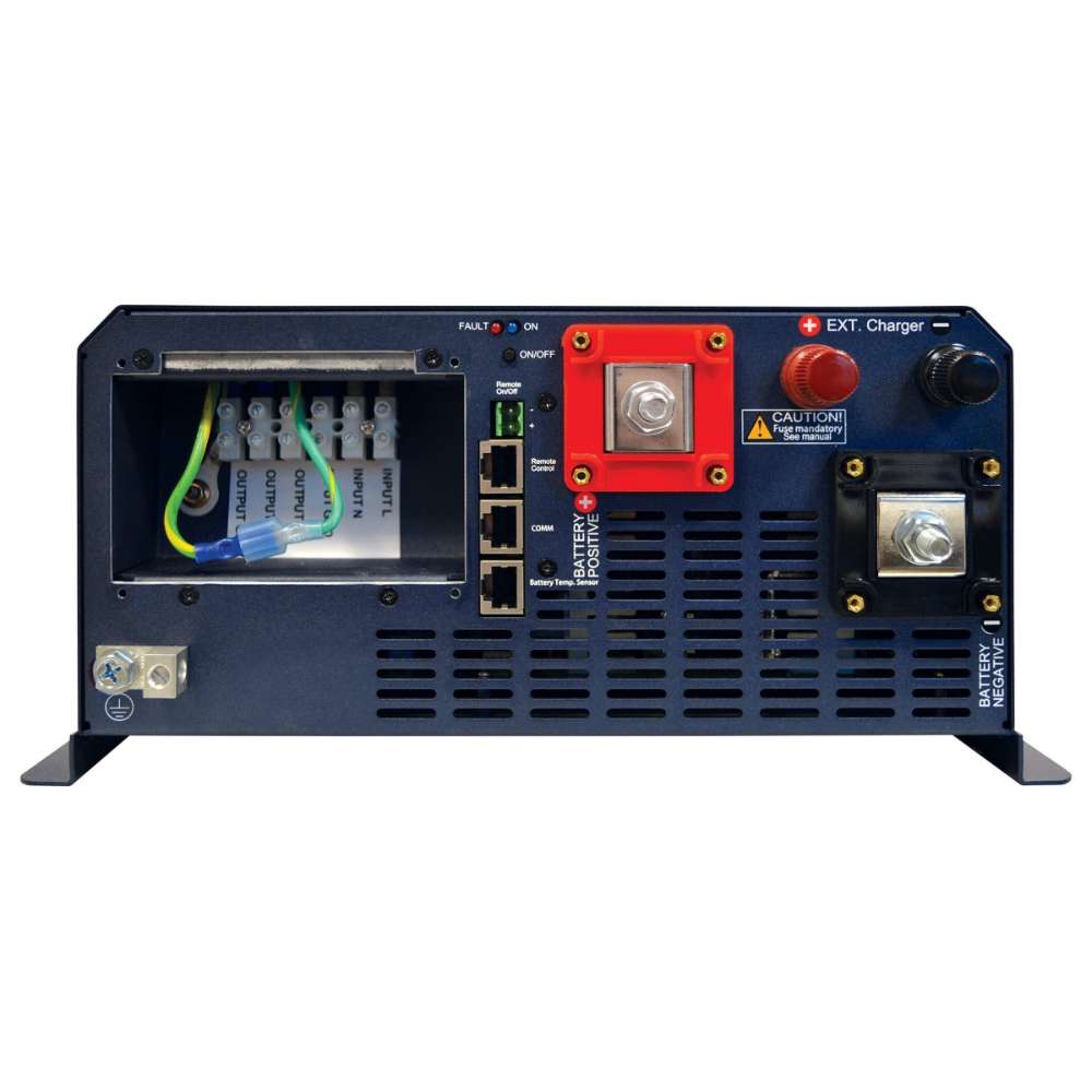 Wiring compartment open on the Samlex America Evolution Series EVO-1212F-HW 1200 Watts 12VDC Pure Sine Inverter/Charger - Hardwired Unit revealing internal terminals and wires