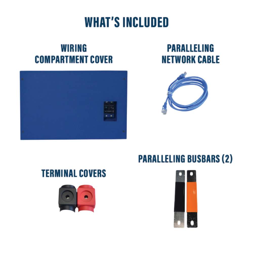 Wiring cover, network cable, terminal covers, and busbars are displayed as included parts for the Rubix Giga Stack Series 48 Volt 205AH Lithium Battery-RGS-48205