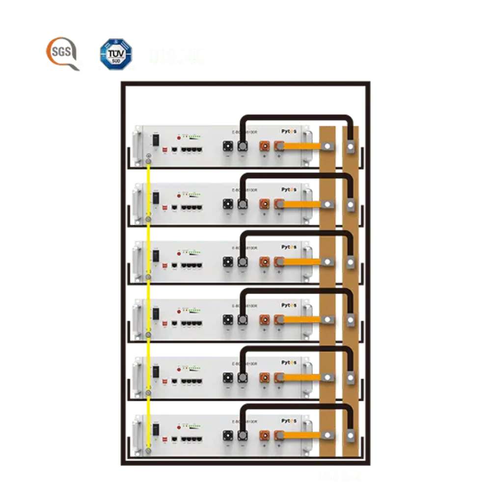 Wiring diagram showing multiple stacked units of Pytes E-Box 48100R 5.12kWH 51.2V 100Ah Lithium Battery Module-110402100129