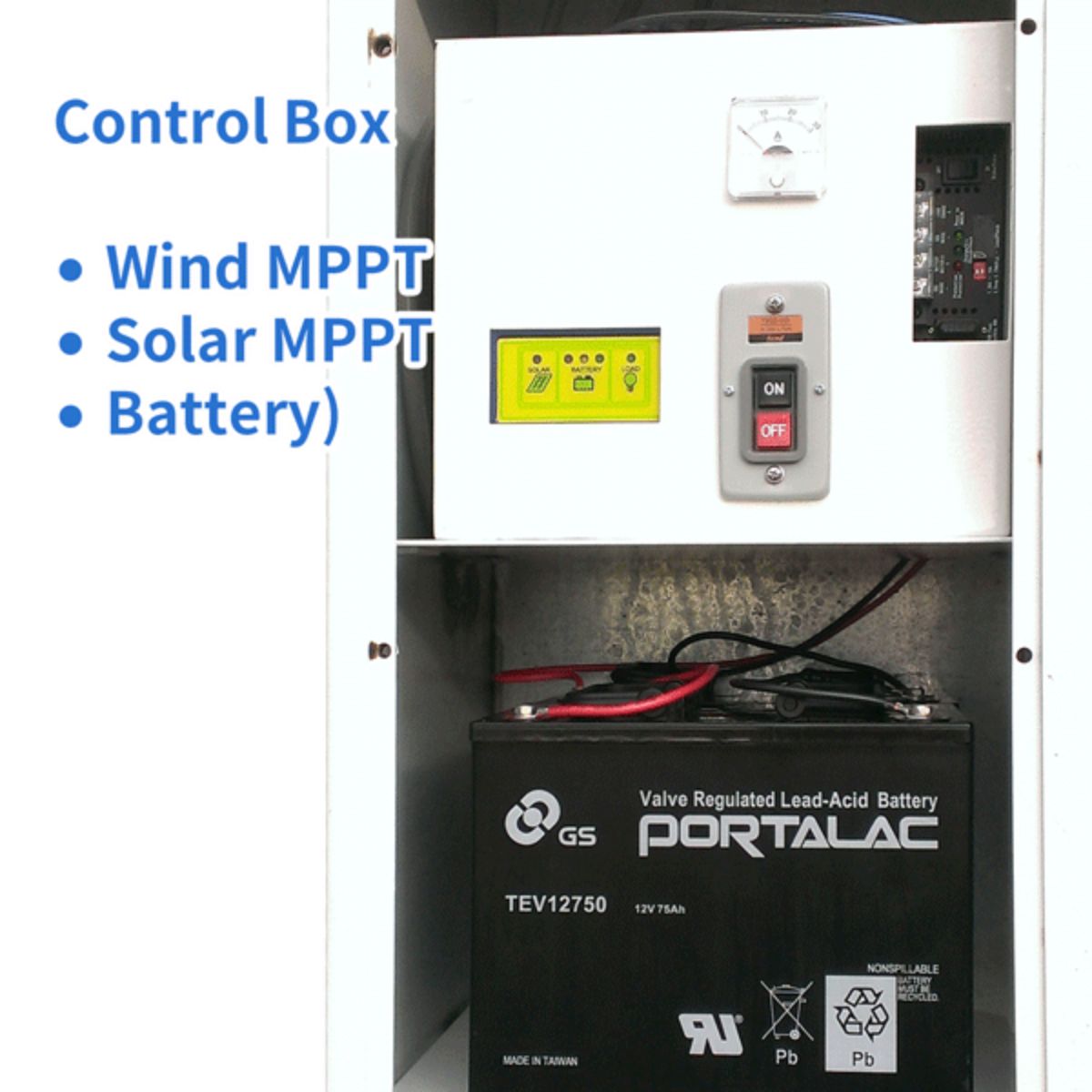 Automaxx Wind & Solar Hybrid Street Light System displaying its control box with wind and solar MPPT.