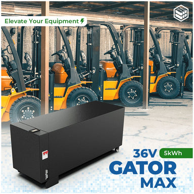 BigBattery AGATR-36050-G1 LiFePO4 120Ah-36V GATOR MAX Battery displaying its product application to forklifts with 36V-5kWh power capacity