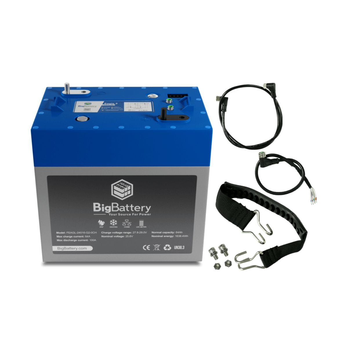 BigBattery FEAGL-24016-G2-0CH 24V-1.63 kWh LiFePO4 EAGLE 2 Battery displaying its accessory components such as battery handles, 2 x CAN Comm. Cables and 2 x M8 Nuts & Screws