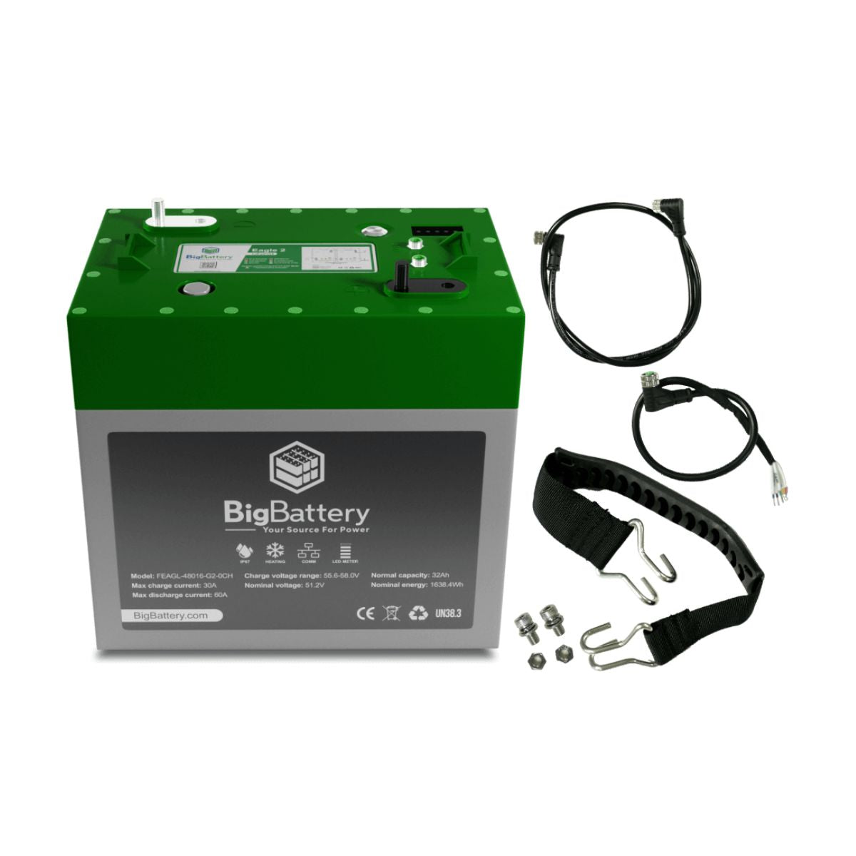 BigBattery FEAGL-48016-G2-0CH LiFePO4 48V-1.63kWh EAGLE 2 Battery displaying its accessory components such as battery handles, 2 x CAN Comm. Cables and 2 x M8 Nuts & Screws