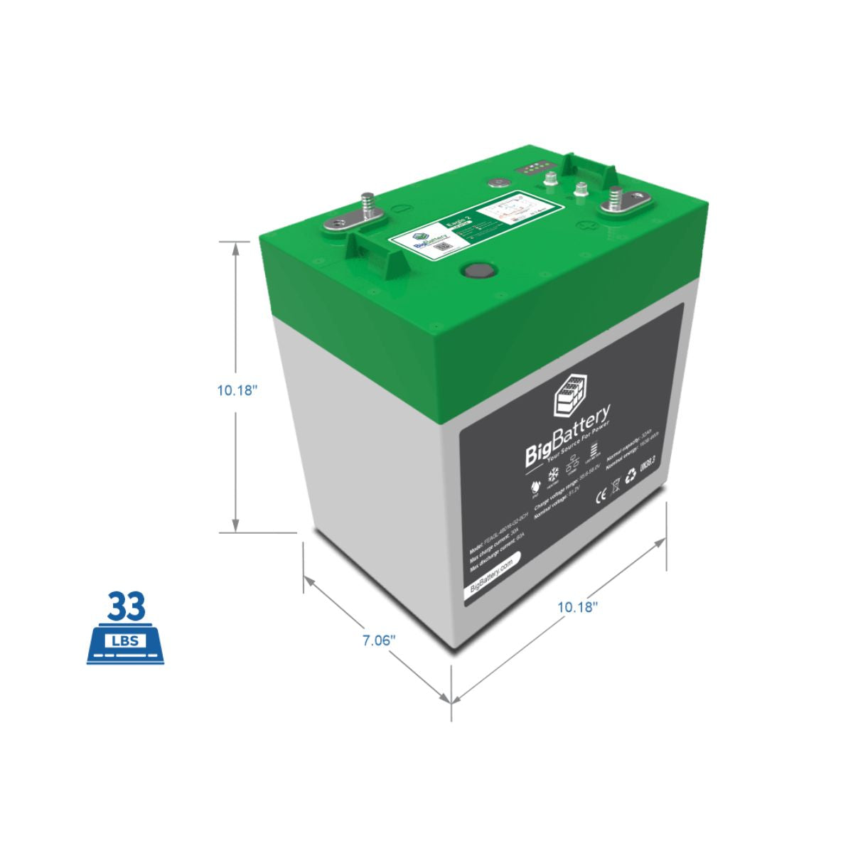 BigBattery FEAGL-48016-G2-0CH LiFePO4 48V-1.63kWh EAGLE 2 Battery displaying its product dimensions and weight