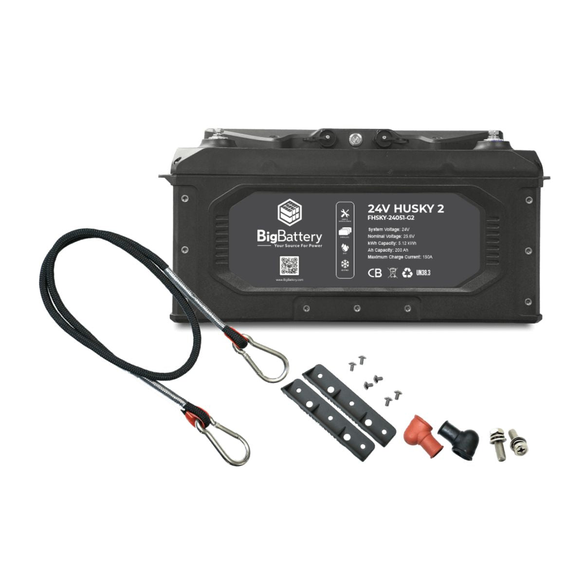 Top view of BigBattery FHSKY-24051-G2 200Ah-24V LiFePO4 HUSKY 2 Battery displaying its accessory components such as 2 x battery handles, ring terminal rubber covers, 2 × M8 Screws and Red & Black Terminal Rubber Cover