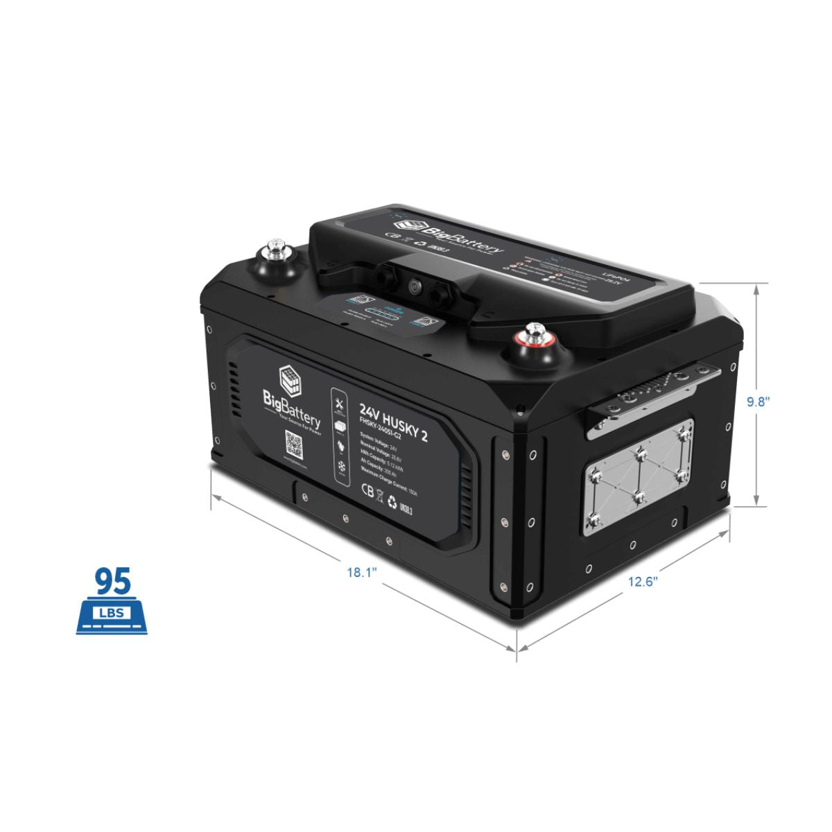 BigBattery FEAGL-24016-G2-0CH 24V-1.63 kWh LiFePO4 EAGLE 2 Battery displaying its product dimensions and weight