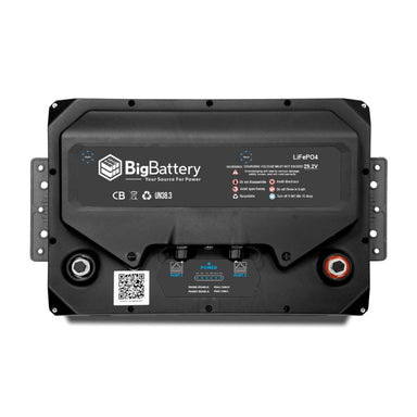 Top view of BigBattery FHSKY-24051-G2 200Ah-24V LiFePO4 HUSKY 2 Battery displaying its positive/negative battery terminals, proprietary ports, and the on/off button