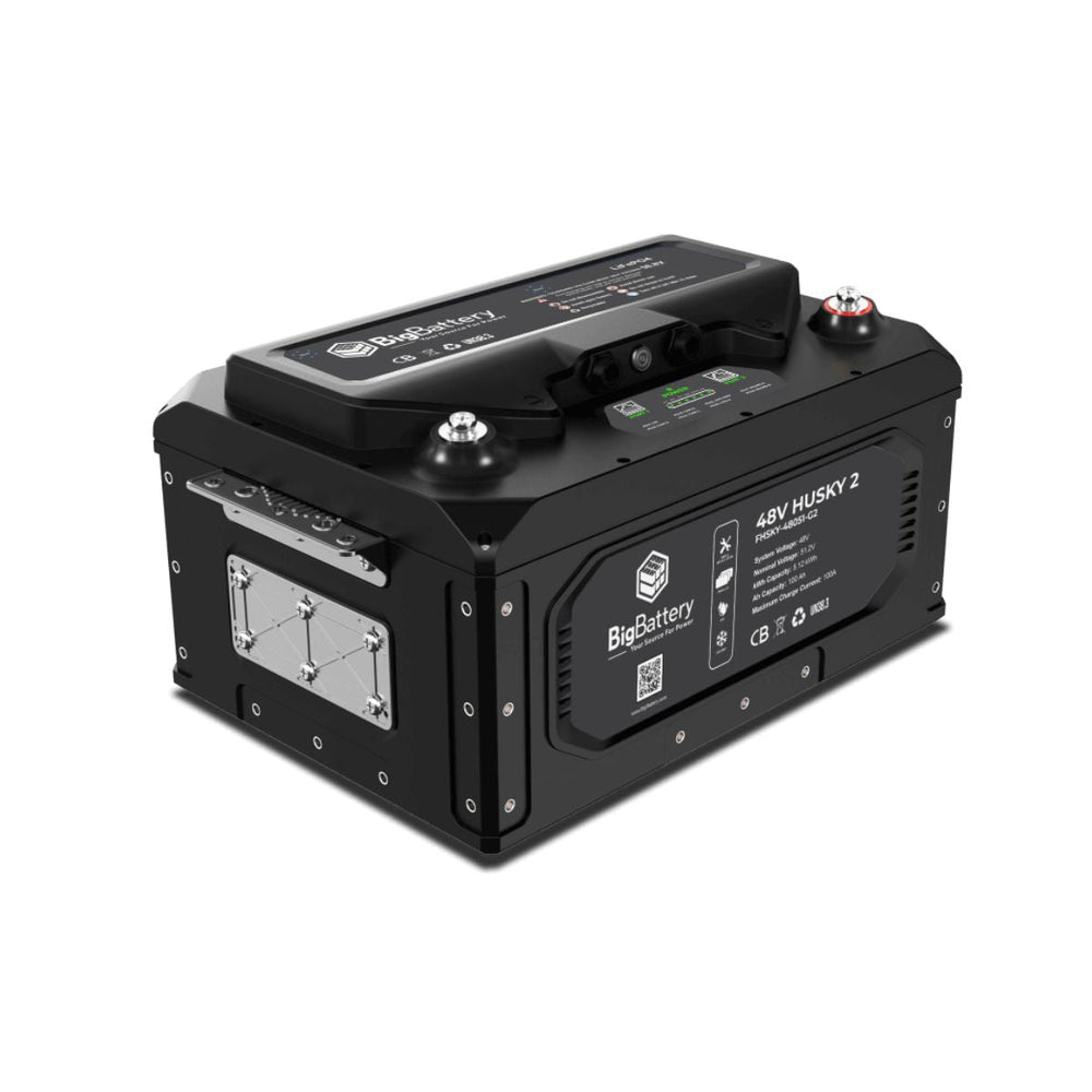 BigBattery FHSKY-48051-G2 100Ah-48V LiFePO4 HUSKY 2 Battery displaying its black color scheme, and its compact and durable build