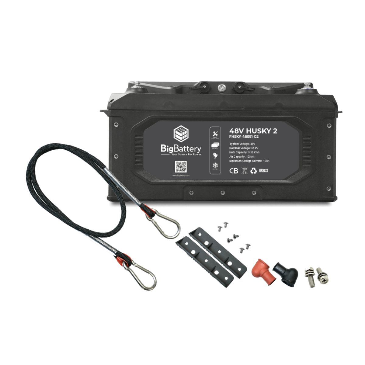 Top view of BigBattery FHSKY-48051-G2 100Ah-48V LiFePO4 HUSKY 2 Battery displaying its accessory components such as 2 x battery handles, ring terminal rubber covers, 2 × M8 Screws and Red & Black Terminal Rubber Cover