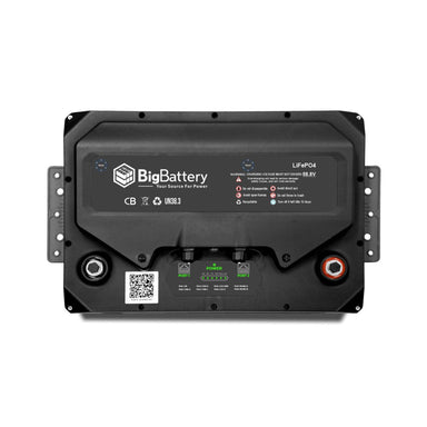 Top view of BigBattery FHSKY-48051-G2 100Ah-48V LiFePO4 HUSKY 2 Battery displaying its positive/negative battery terminals, proprietary ports, and the on/off button