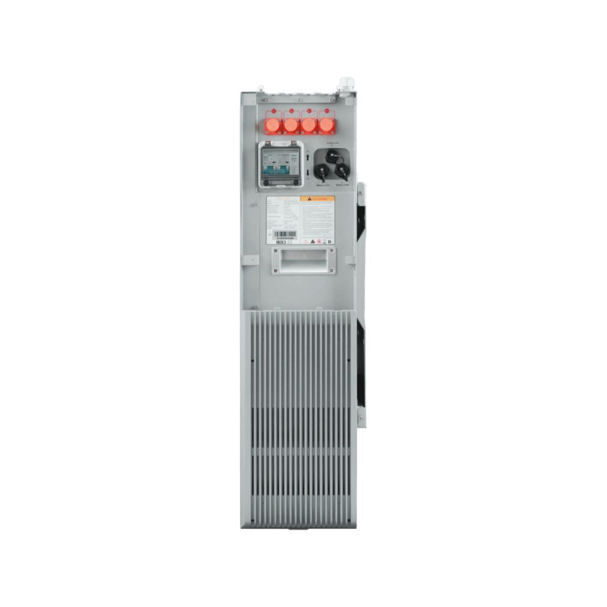 Right side opened panel of BigBattery FRHNO-48143-G2 280Ah-48V LiFePO4 RHINO 2 Battery displaying its Positive terminals, RS485/CAN Port, Battery-Comm and Battery Disconnect Breaker