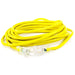 A coiled 50ft yellow DuroMax extension cord, ideal for connecting to quality generators and portable generators, featuring a durable 10 gauge design.