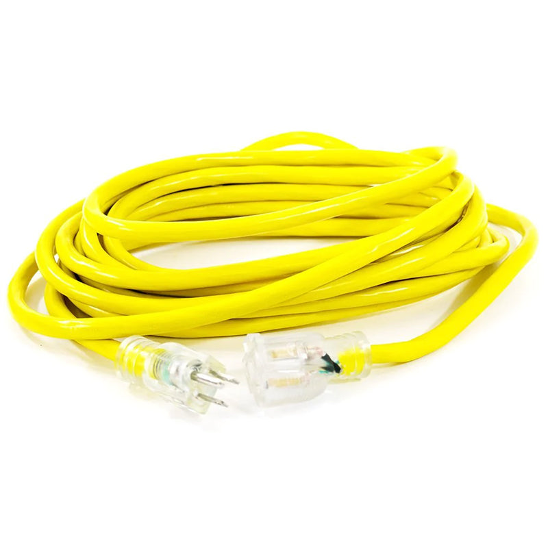 A coiled 50ft yellow DuroMax extension cord, ideal for connecting to quality generators and portable generators, featuring a durable 10 gauge design.