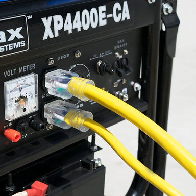 Image showcasing a 50ft yellow DuroMax extension cord connected to a Duromax portable generator, highlighting the ease of use and durability for quality generator needs.