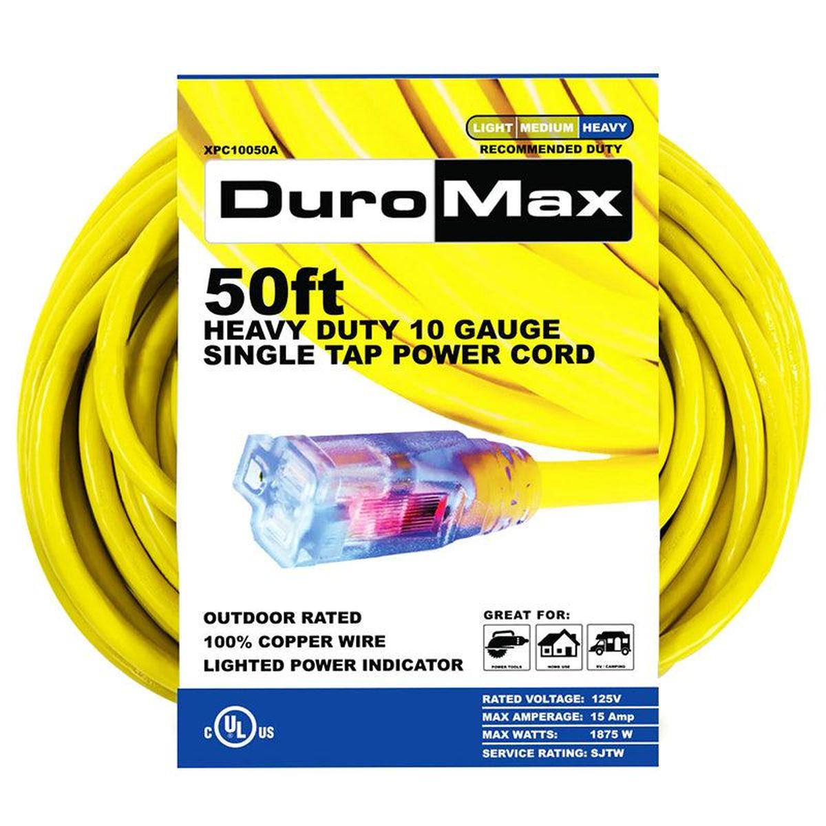 Image of a 50ft DuroMax heavy-duty 10 gauge single tap extension cord packaging, highlighting its quality generator compatibility and suitability for portable generators.