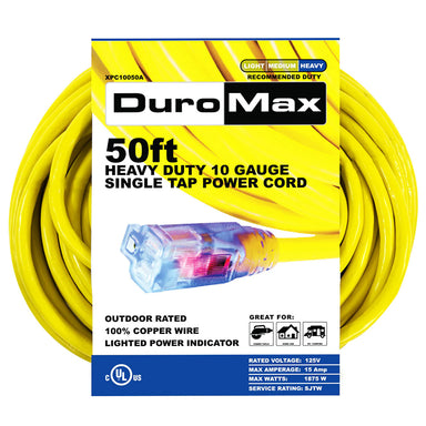 Image of a 50ft DuroMax heavy-duty 10 gauge single tap extension cord packaging, highlighting its quality generator compatibility and suitability for portable generators.